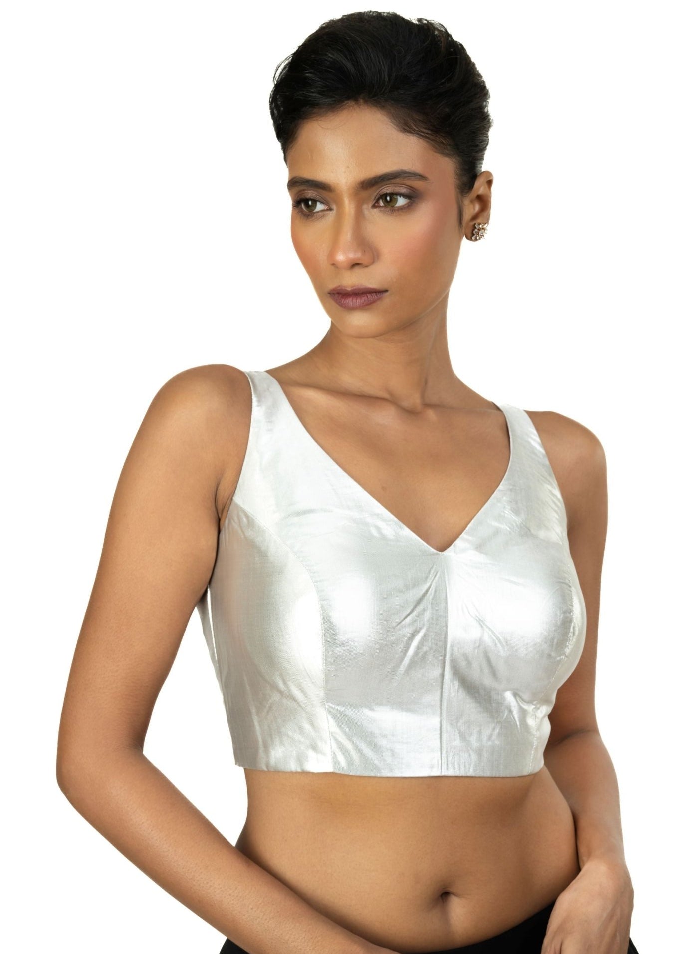 Silver Tissue Sleeveless Saree Blouse with V Neckline - Anvi Couture