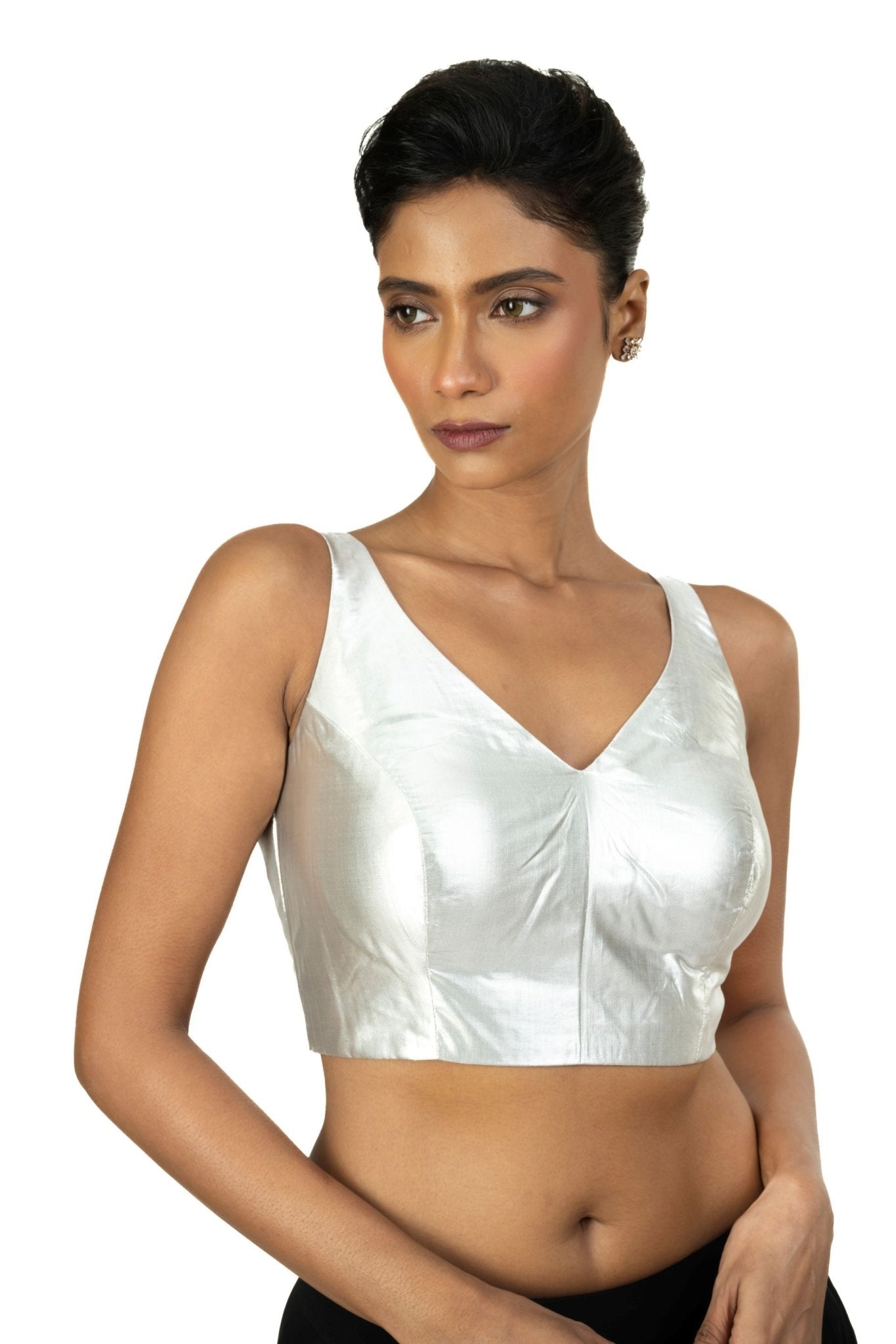 Silver Tissue Sleeveless Saree Blouse with V Neckline - Anvi Couture