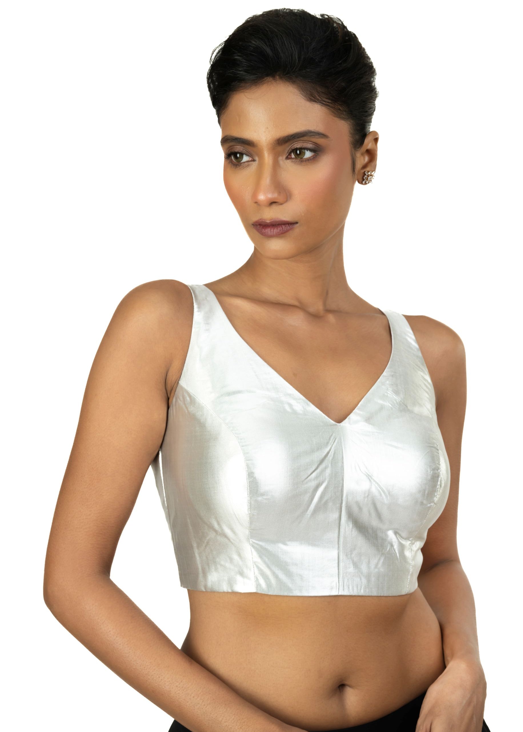 Silver Tissue Sleeveless Saree Blouse with V Neckline - image 1