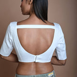 White Half Sleeve Blouse in Cotton with Strappy Back Hook Closure - Anvi Couture