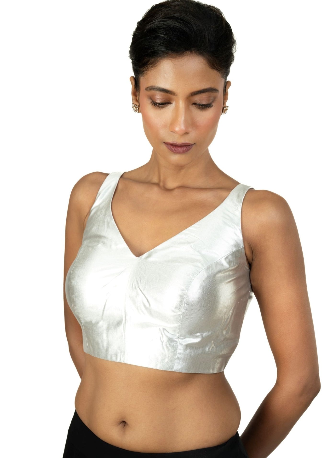 Silver Tissue Sleeveless Saree Blouse with V Neckline - Anvi Couture