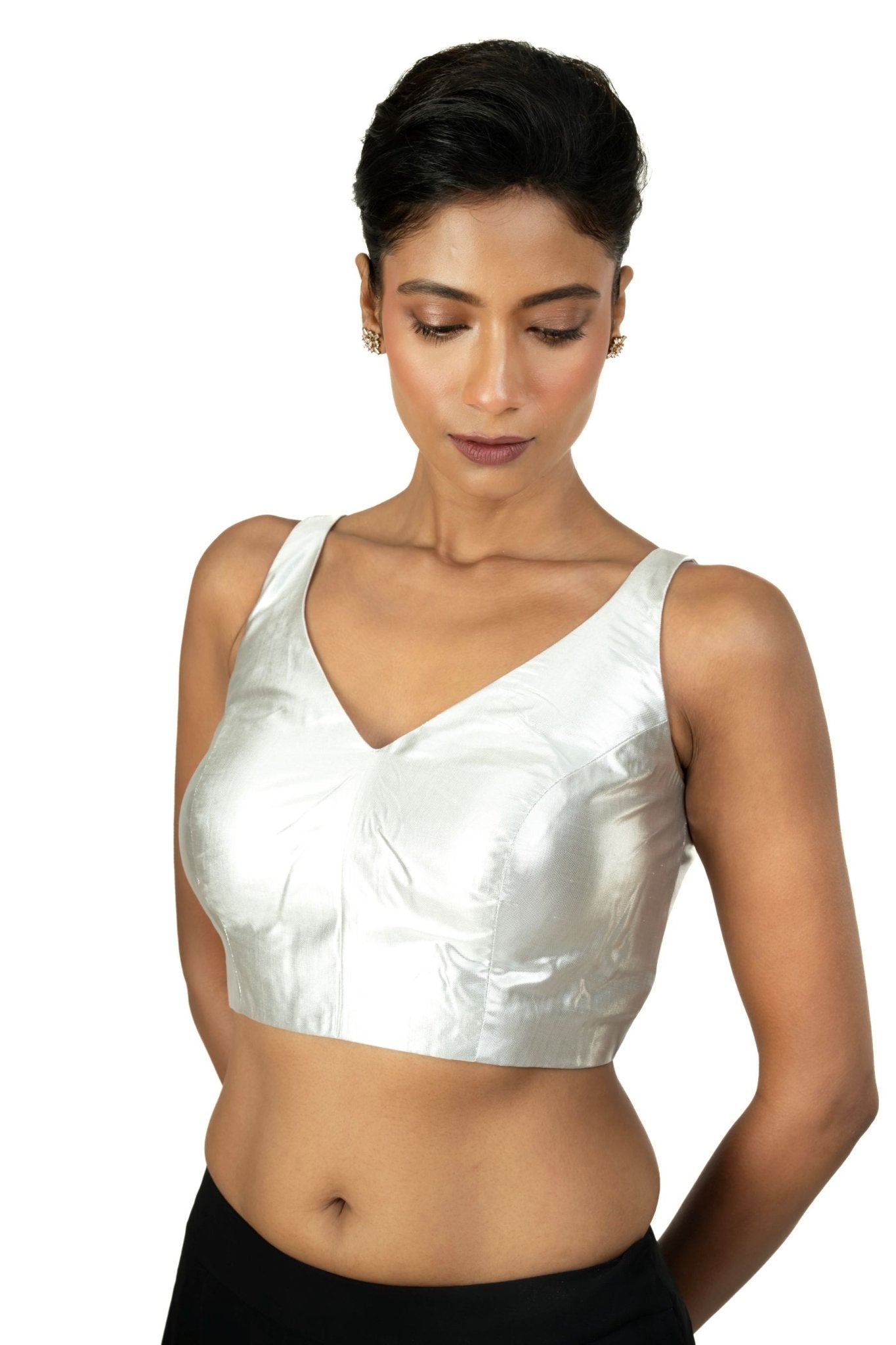 Silver Tissue Sleeveless Saree Blouse with V Neckline - Anvi Couture