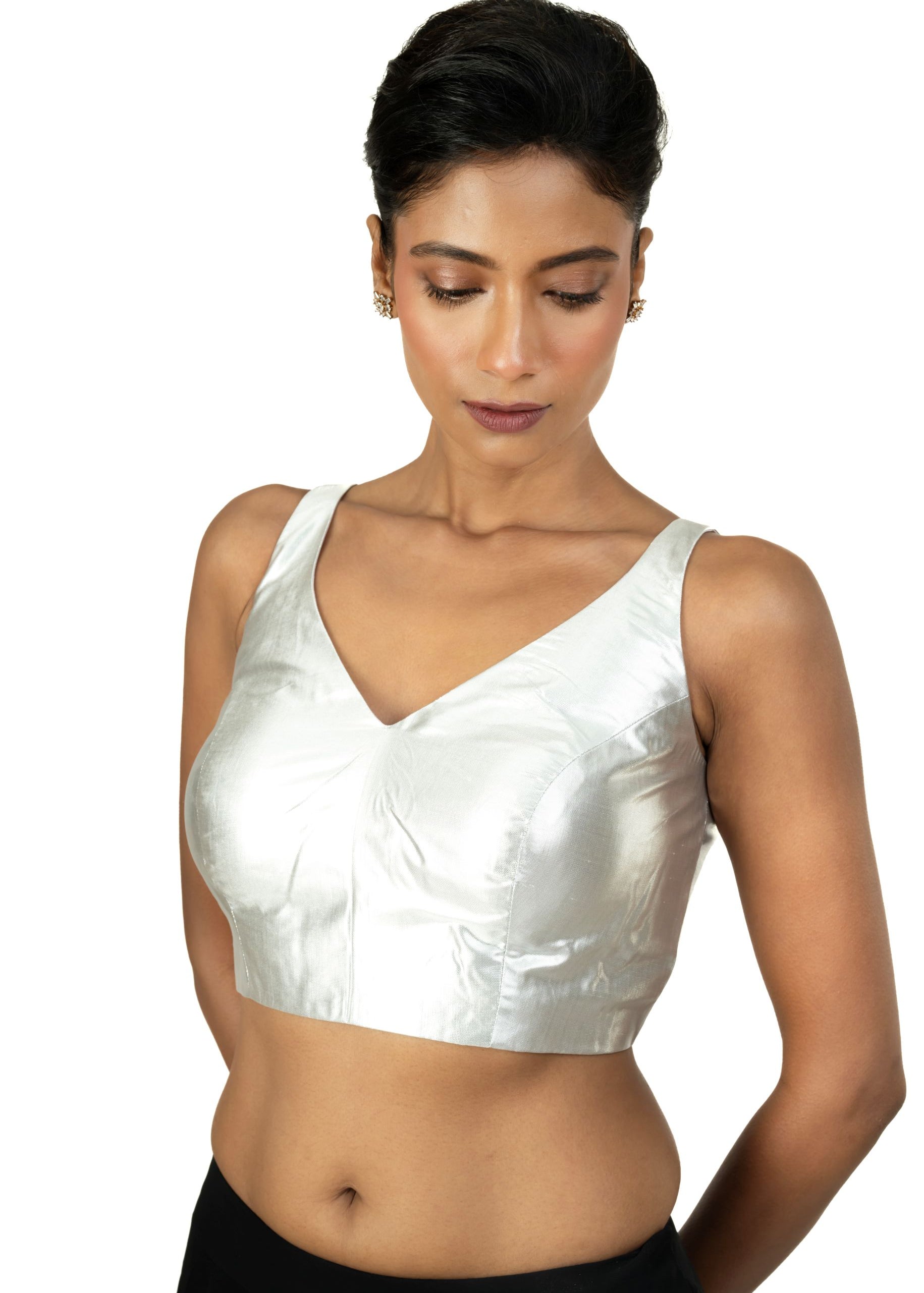 Silver Tissue Sleeveless Saree Blouse with V Neckline - image 2
