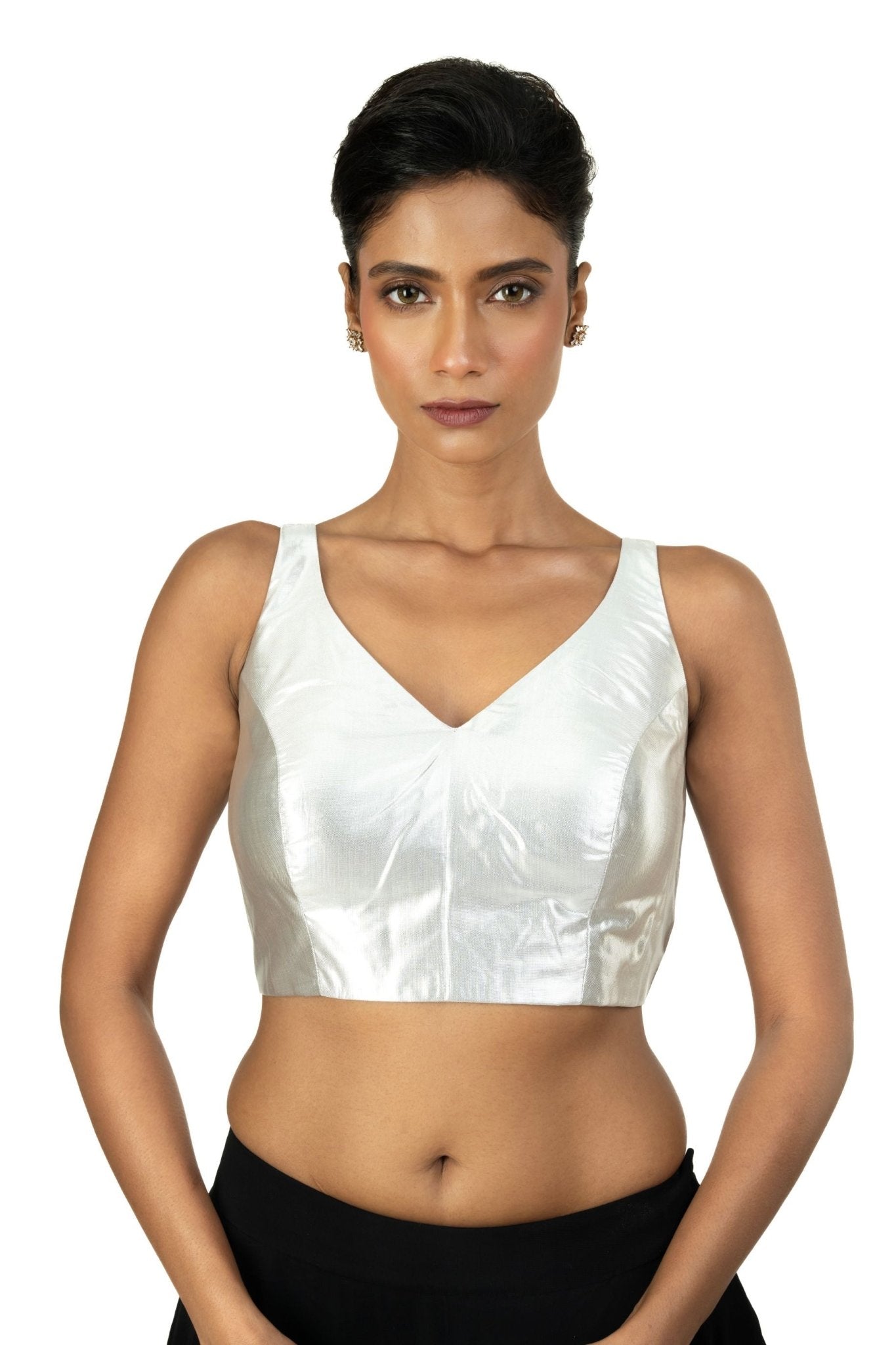 Silver Tissue Sleeveless Saree Blouse with V Neckline - Anvi Couture