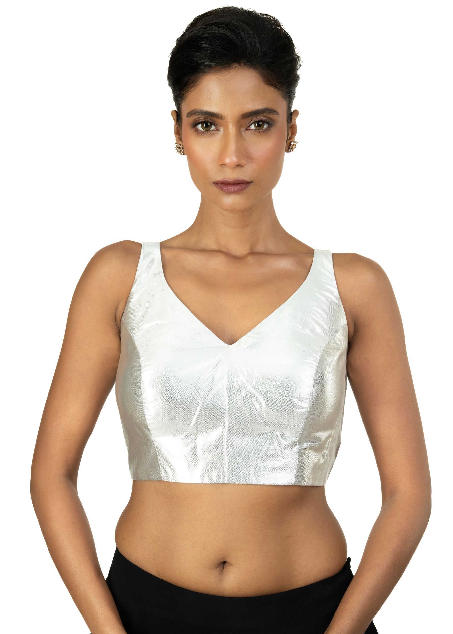 Silver Tissue Sleeveless Saree Blouse with V Neckline - image 3