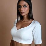 White Half Sleeve Blouse in Cotton with Strappy Back Hook Closure - Anvi Couture