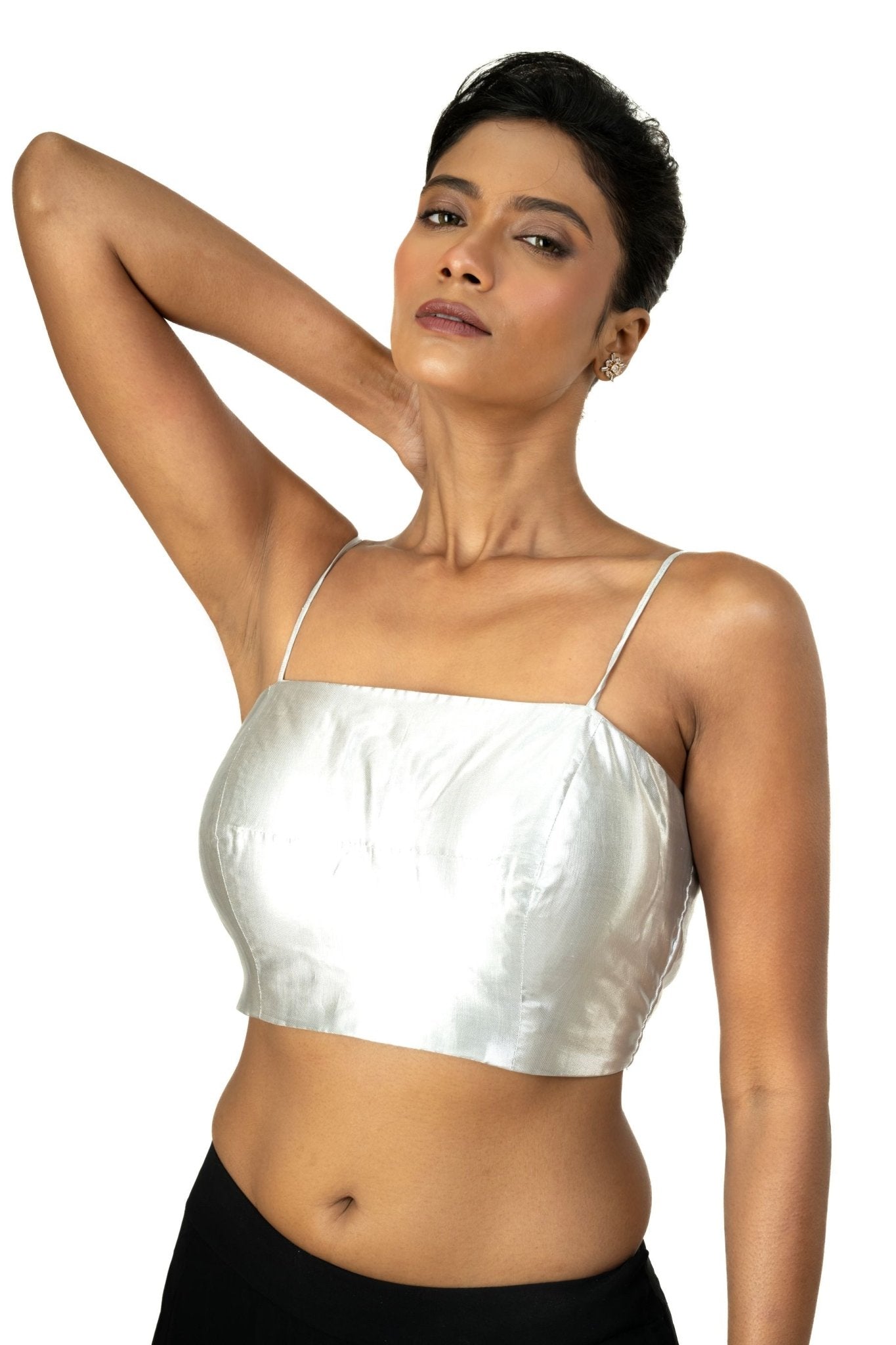 Silver Tissue Strappy Sleeveless Blouses - Anvi Couture