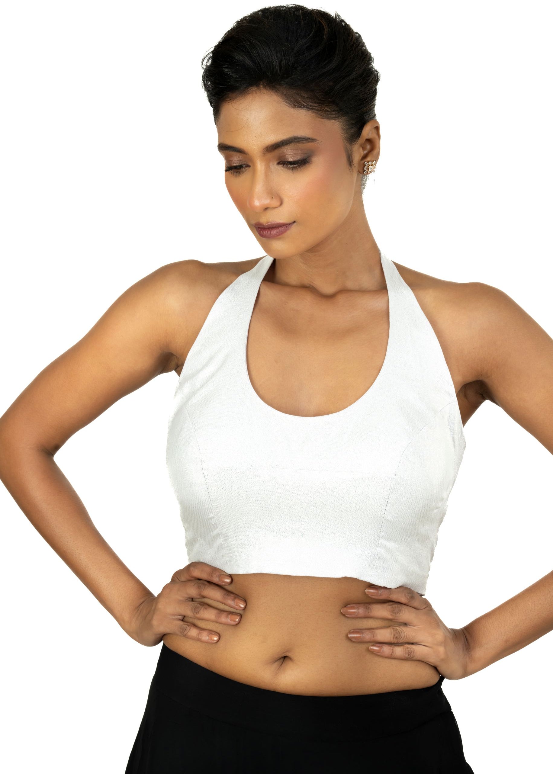 Silver Tissue Halter Neck Saree Blouse imge 1
