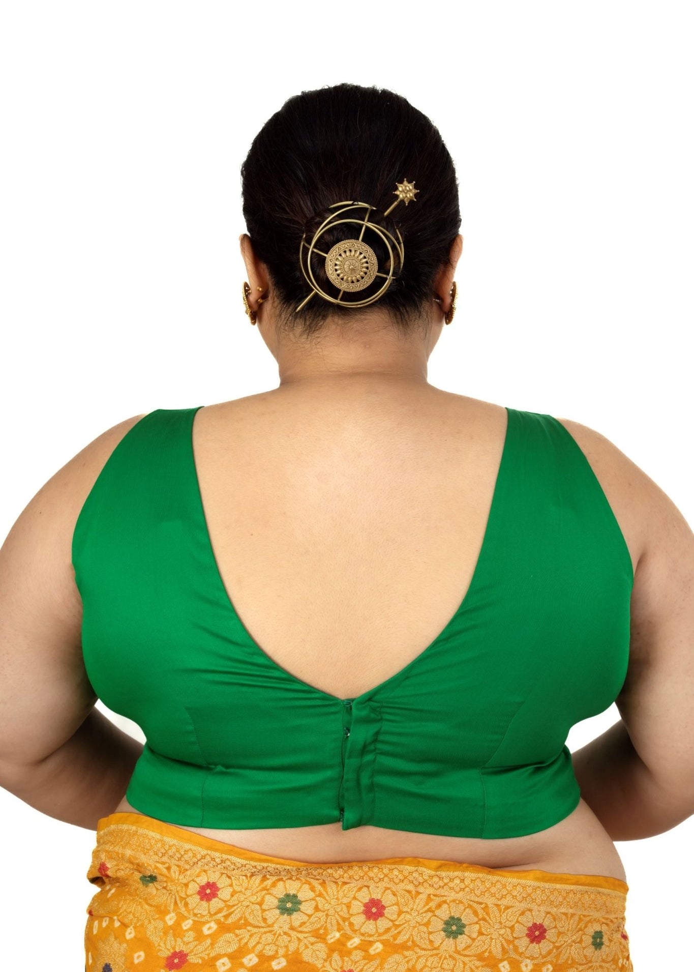 Dark Green Plunging V Neckline Sleeveless Plus Size Saree Blouse - Anvi Couture