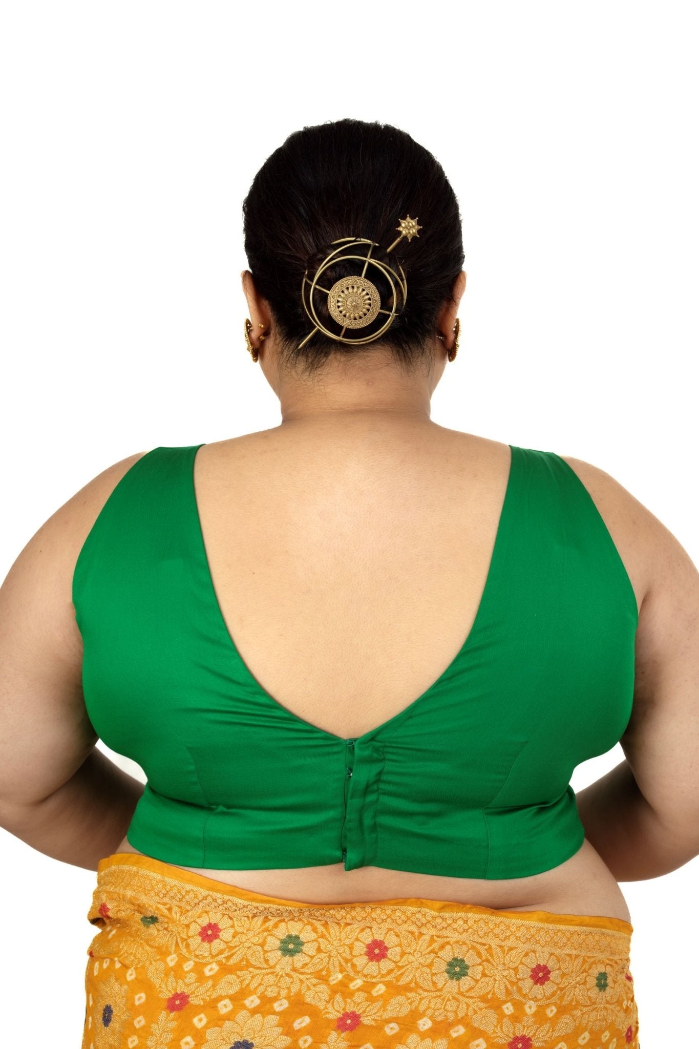 Dark Green Plunging V Neckline Sleeveless Plus Size Saree Blouse - Anvi Couture
