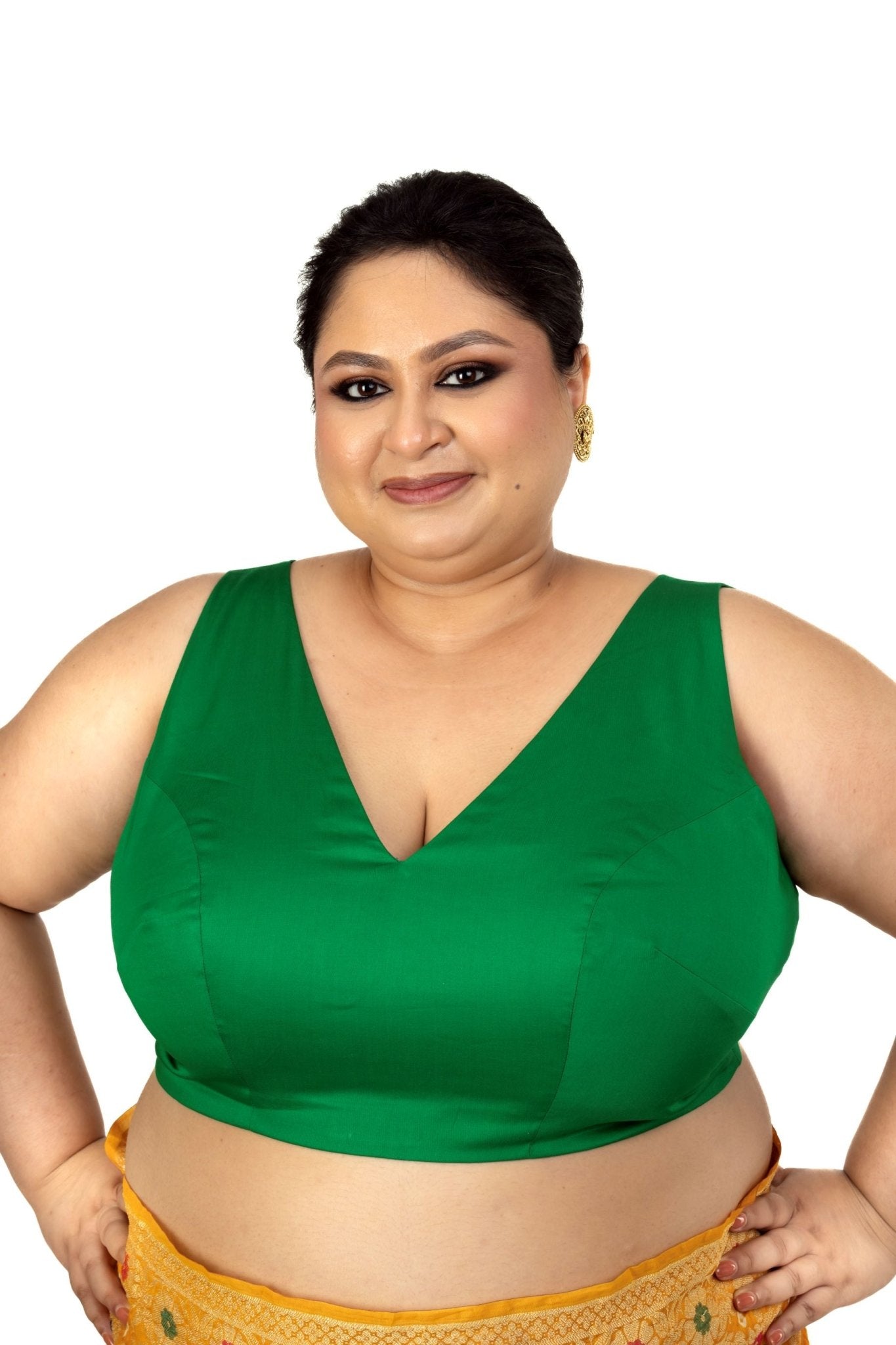 Dark Green Plunging V Neckline Sleeveless Plus Size Saree Blouse - Anvi Couture