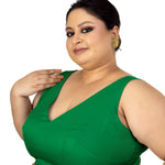 Dark Green Plunging V Neckline Sleeveless Plus Size Saree Blouse - Anvi Couture
