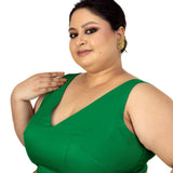 Dark Green Plunging V Neckline Sleeveless Plus Size Saree Blouse - Anvi Couture