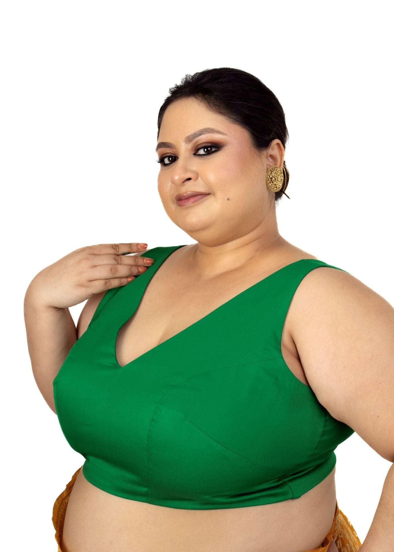 Dark Green Plunging V Neckline Sleeveless Plus Size Saree Blouse - Anvi Couture
