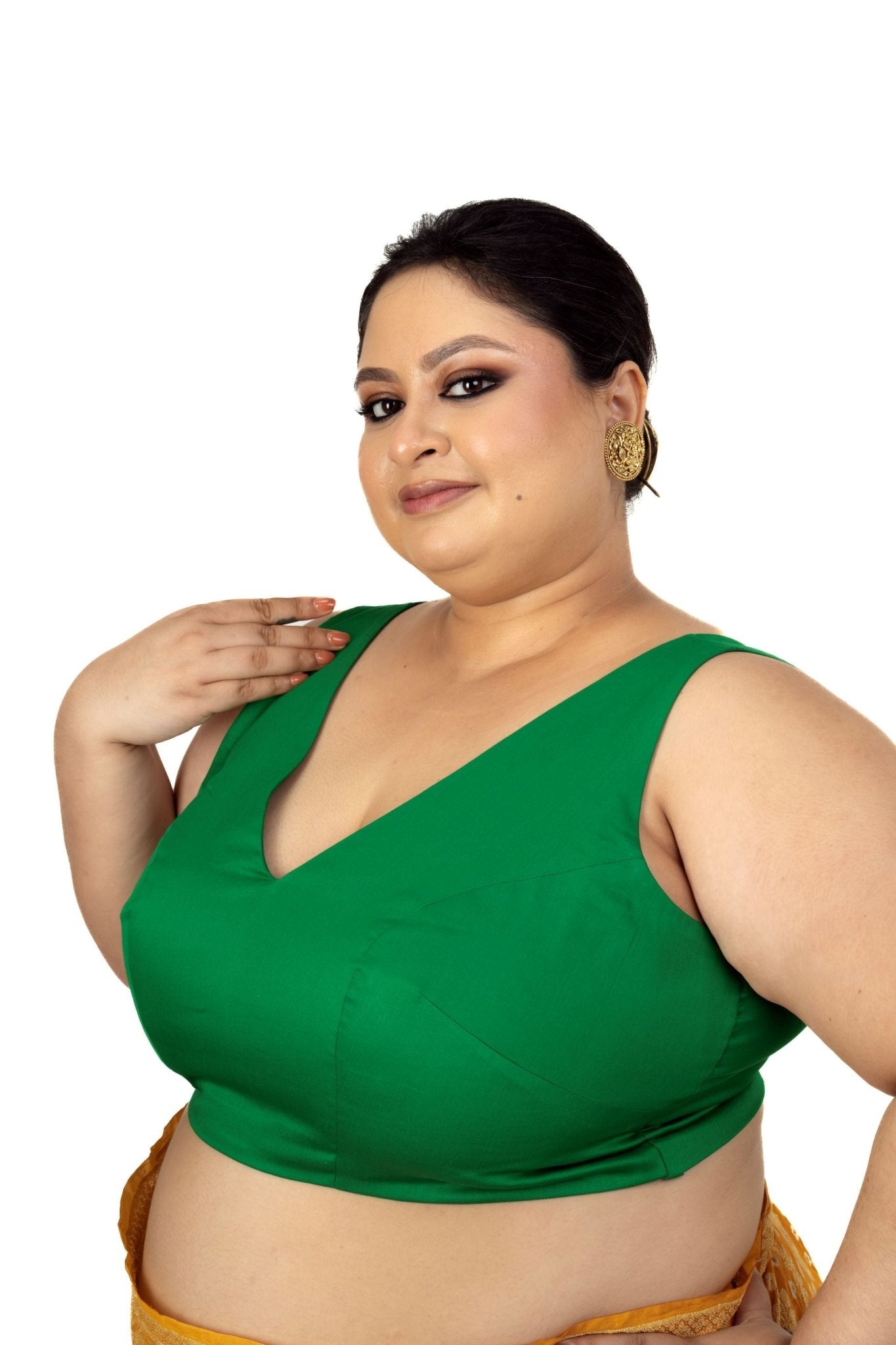 Dark Green Plunging V Neckline Sleeveless Plus Size Saree Blouse - Anvi Couture