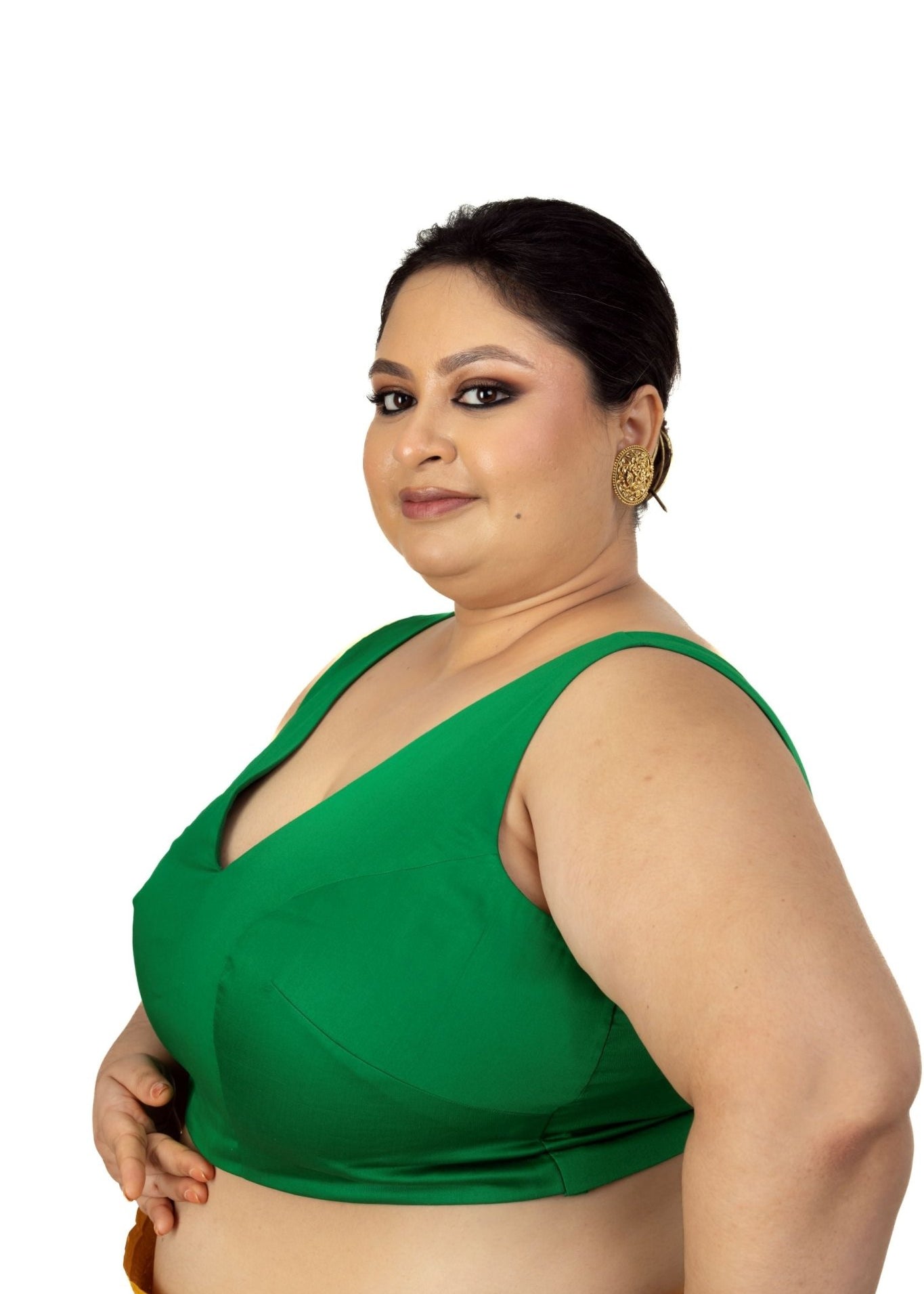 Dark Green Plunging V Neckline Sleeveless Plus Size Saree Blouse - Anvi Couture