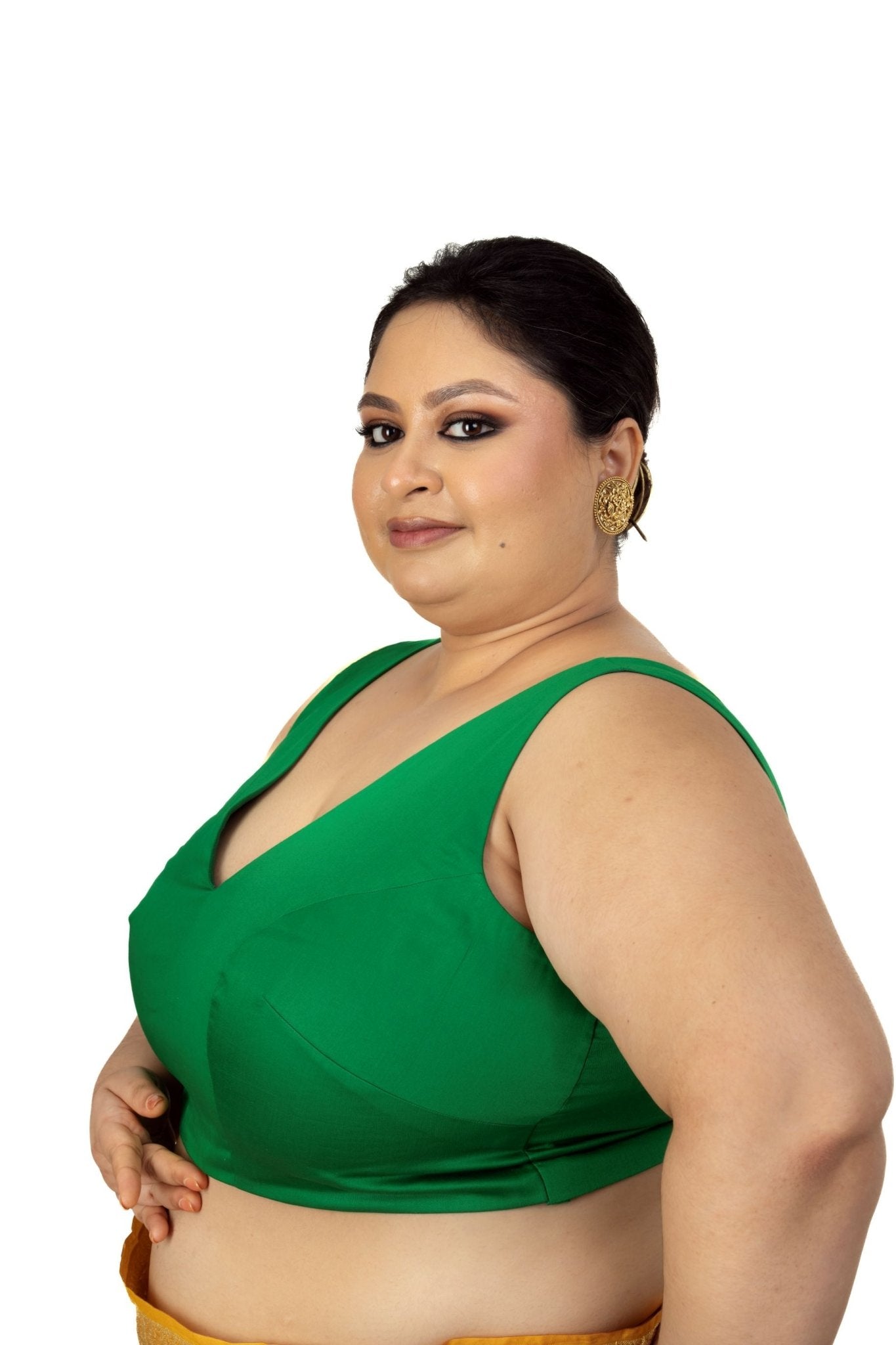 Dark Green Plunging V Neckline Sleeveless Plus Size Saree Blouse - Anvi Couture
