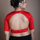 Red Cotton Half Sleeve Blouse with Back Cutout - Anvi Couture