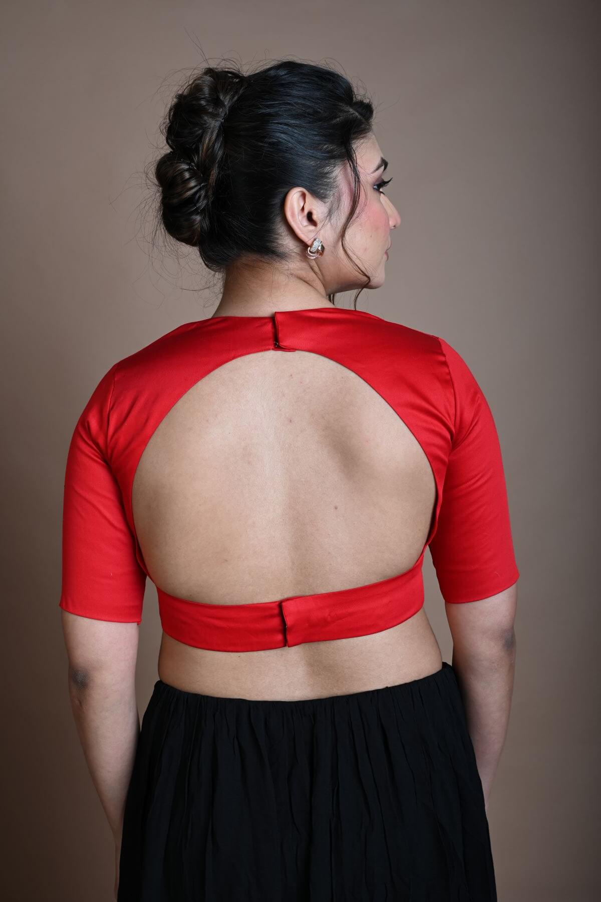 Red Cotton Half Sleeve Blouse with Back Cutout - Anvi Couture