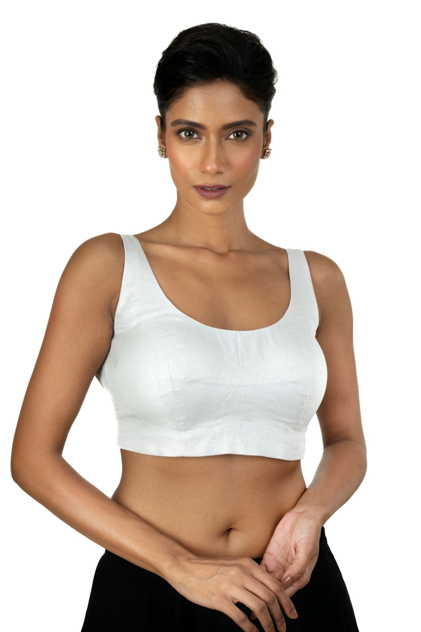 Silver U Neckline Sleeveless Blouse with Back Closer - Anvi Couture