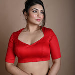 Red Cotton Half Sleeve Blouse with Back Cutout - Anvi Couture