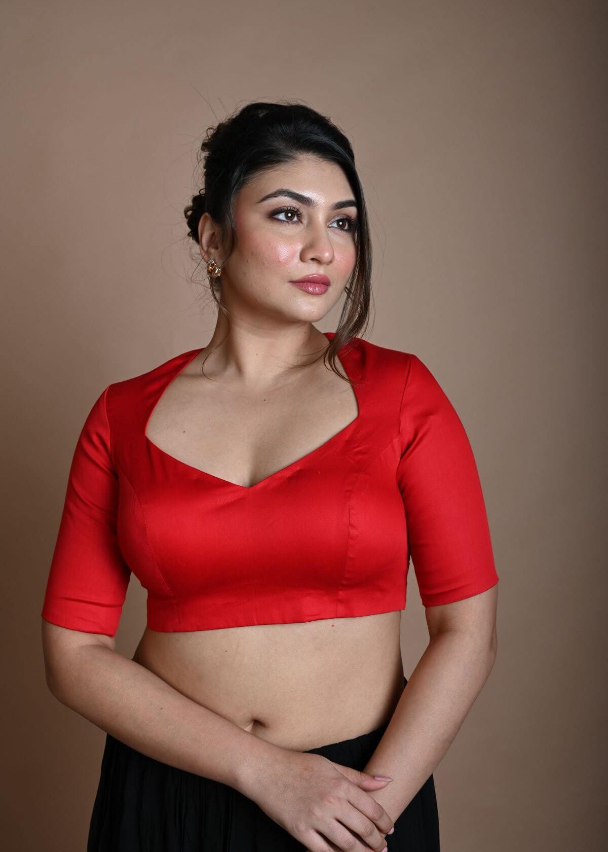 Red Cotton Half Sleeve Blouse with Back Cutout - Anvi Couture