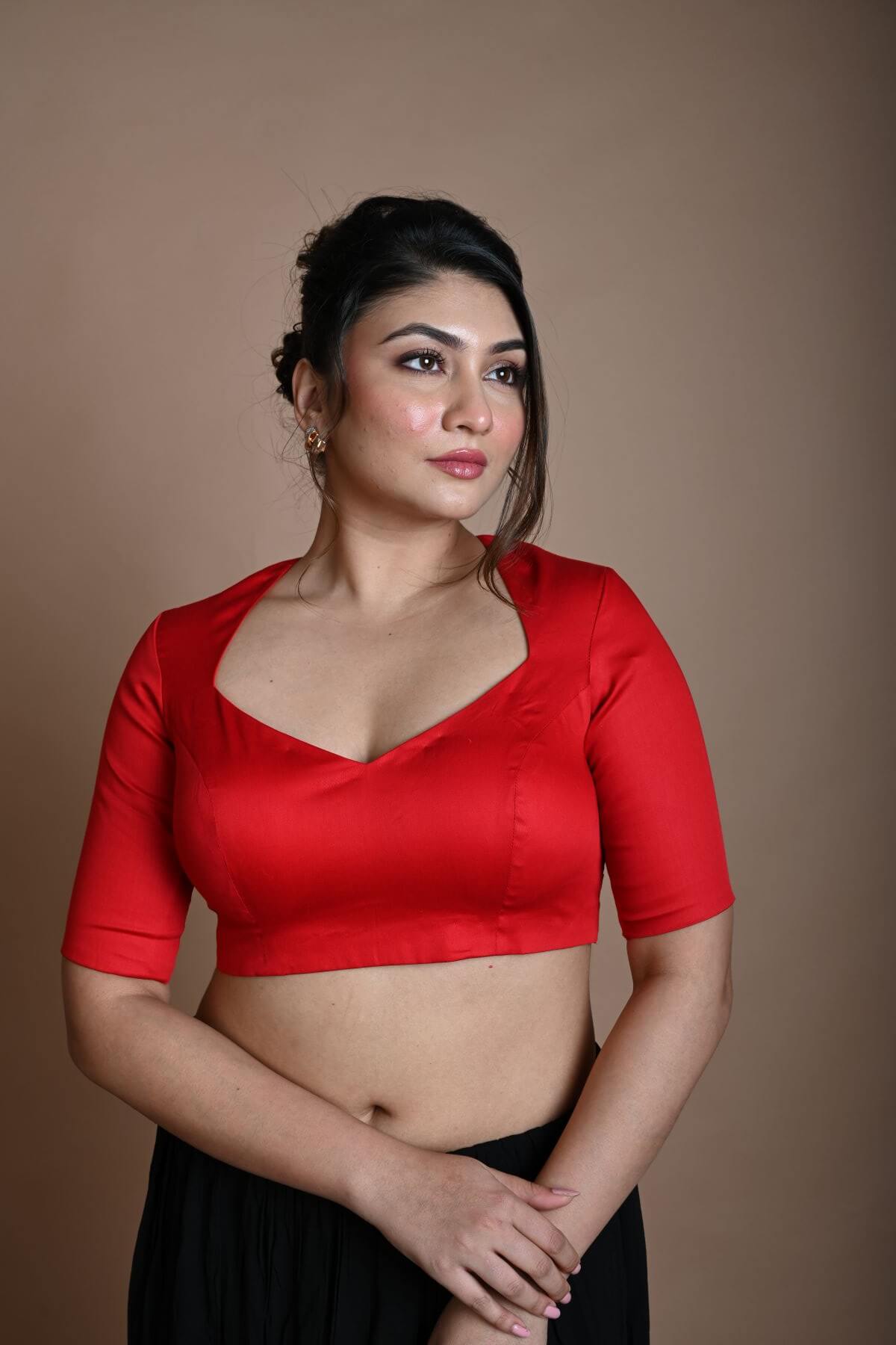 Red Cotton Half Sleeve Blouse with Back Cutout - Anvi Couture