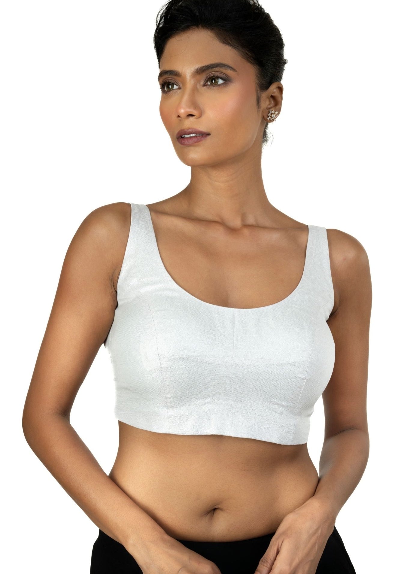 Silver U Neckline Sleeveless Blouse with Back Closer - Anvi Couture