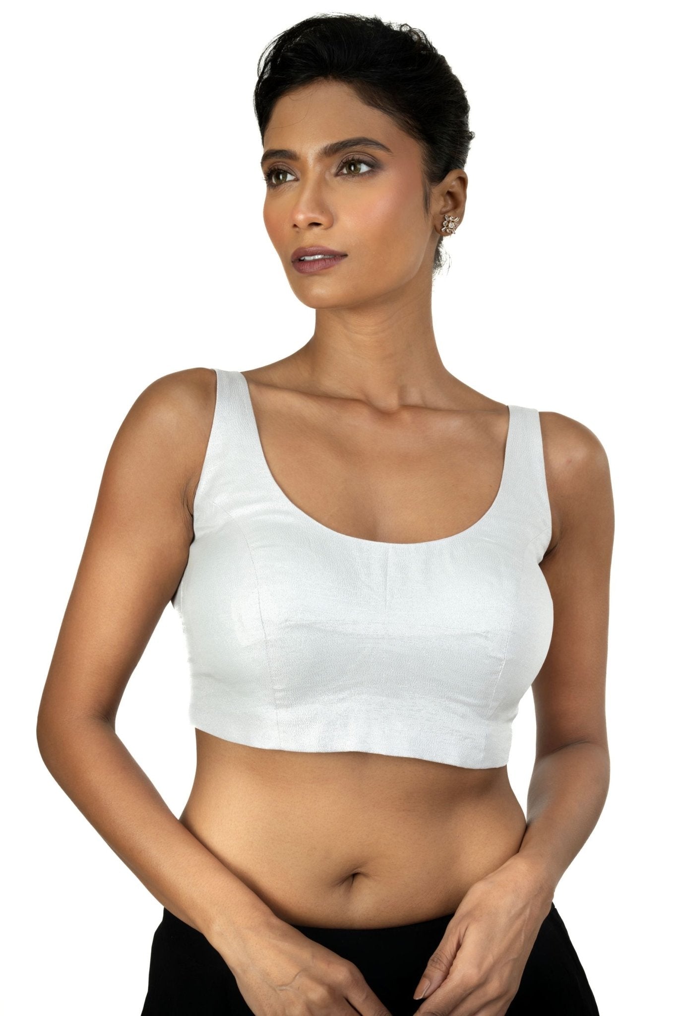 Silver U Neckline Sleeveless Blouse with Back Closer - Anvi Couture