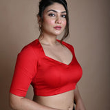 Red Cotton Half Sleeve Blouse with Back Cutout - Anvi Couture