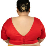 Red Plunging V Neck Plus Size Saree Blouse with Elbow Sleeves - Anvi Couture