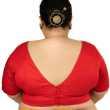 Red Plunging V Neck Plus Size Saree Blouse with Elbow Sleeves - Anvi Couture