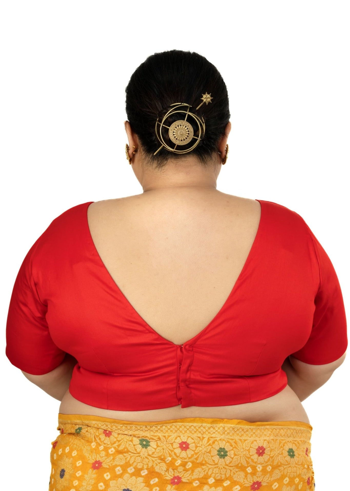 Red Plunging V Neck Plus Size Saree Blouse with Elbow Sleeves - Anvi Couture