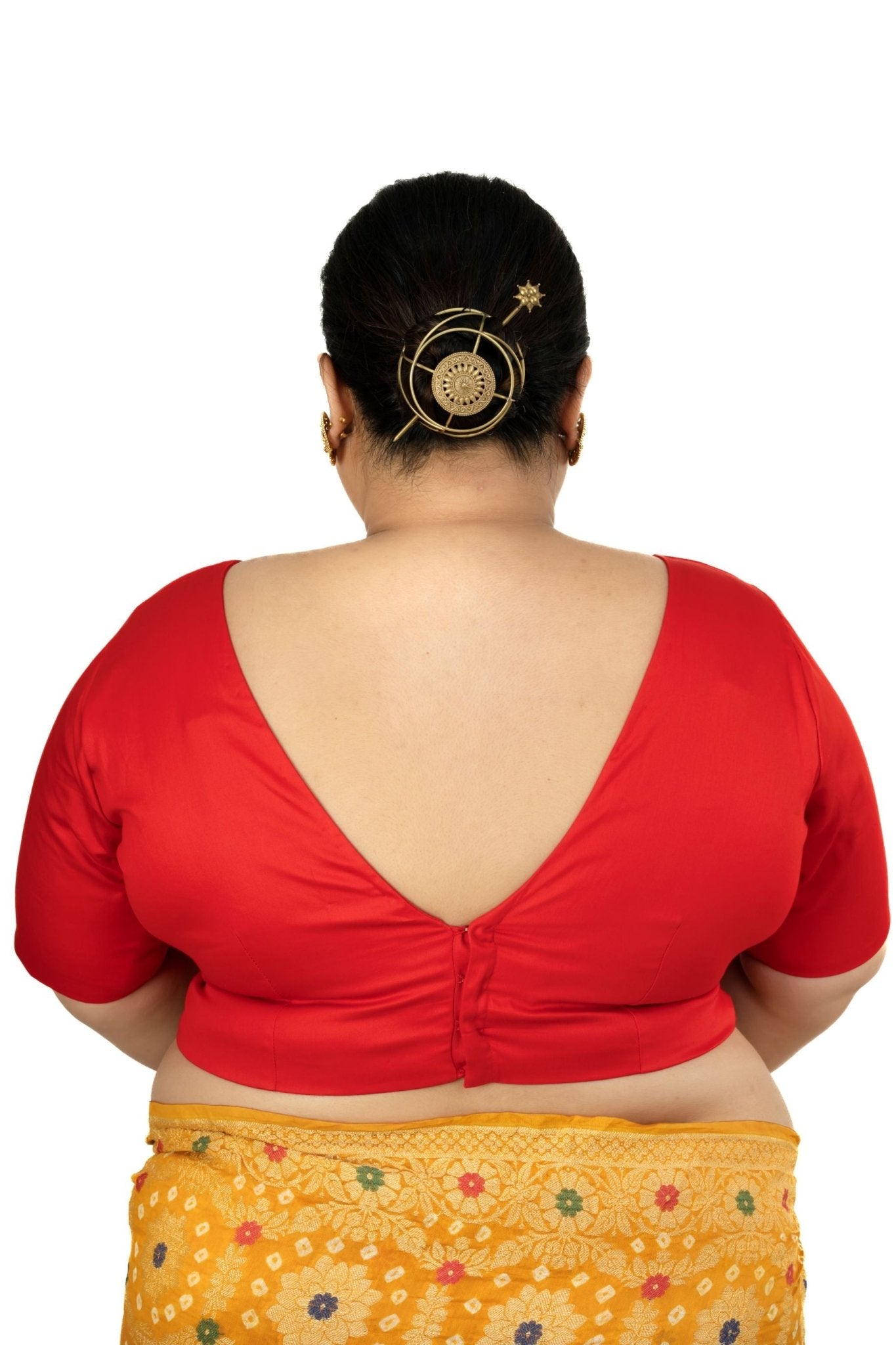 Red Plunging V Neck Plus Size Saree Blouse with Elbow Sleeves - Anvi Couture