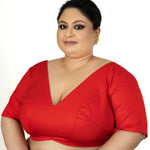 Red Plunging V Neck Plus Size Saree Blouse with Elbow Sleeves - Anvi Couture