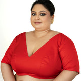Red Plunging V Neck Plus Size Saree Blouse with Elbow Sleeves - Anvi Couture