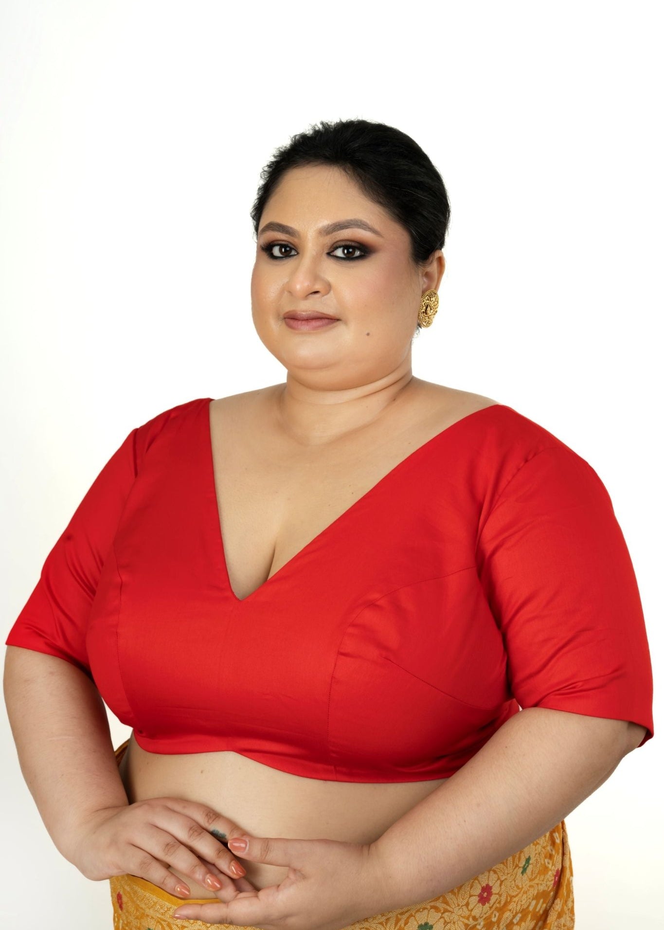 Red Plunging V Neck Plus Size Saree Blouse with Elbow Sleeves - Anvi Couture