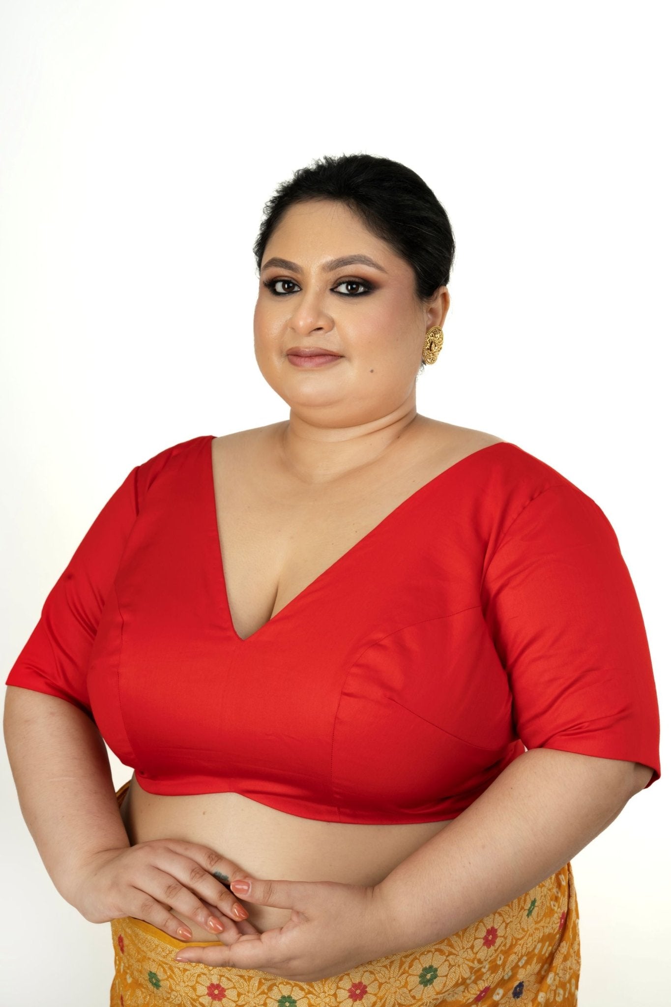Red Plunging V Neck Plus Size Saree Blouse with Elbow Sleeves - Anvi Couture