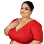 Red Plunging V Neck Plus Size Saree Blouse with Elbow Sleeves - Anvi Couture