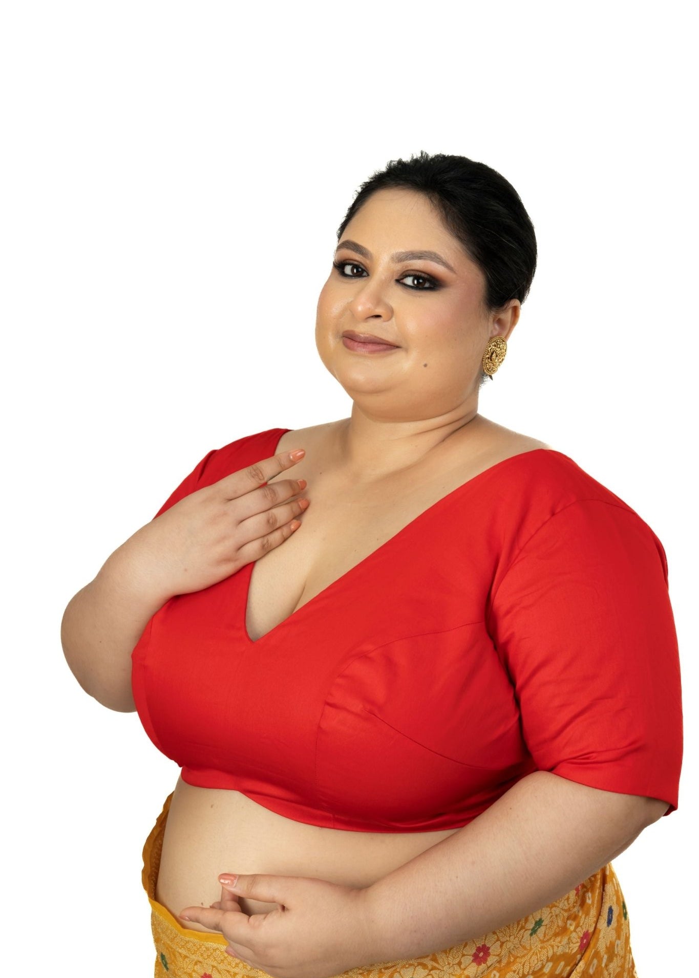 Red Plunging V Neck Plus Size Saree Blouse with Elbow Sleeves - Anvi Couture