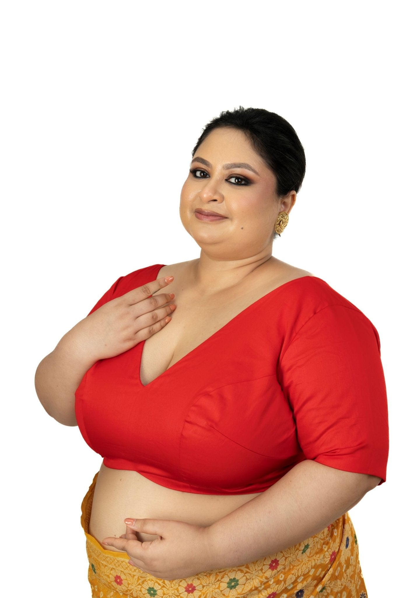 Red Plunging V Neck Plus Size Saree Blouse with Elbow Sleeves - Anvi Couture