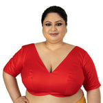 Red Plunging V Neck Plus Size Saree Blouse with Elbow Sleeves - Anvi Couture