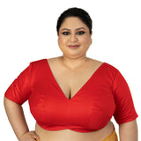 Red Plunging V Neck Plus Size Saree Blouse with Elbow Sleeves - Anvi Couture