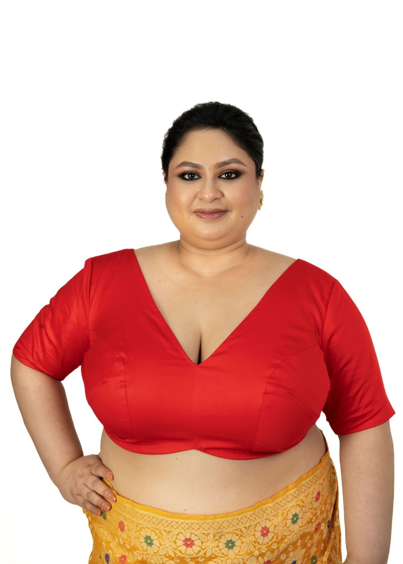 Red Plunging V Neck Plus Size Saree Blouse with Elbow Sleeves - Anvi Couture