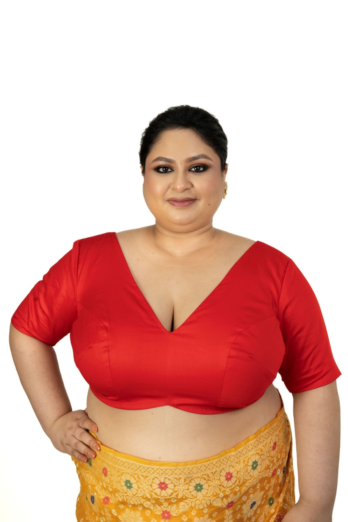 Red Plunging V Neck Plus Size Saree Blouse with Elbow Sleeves - Anvi Couture
