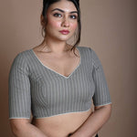 Grey Cotton Blouse with Half Sleeves and Back Circle Cutout - Anvi Couture