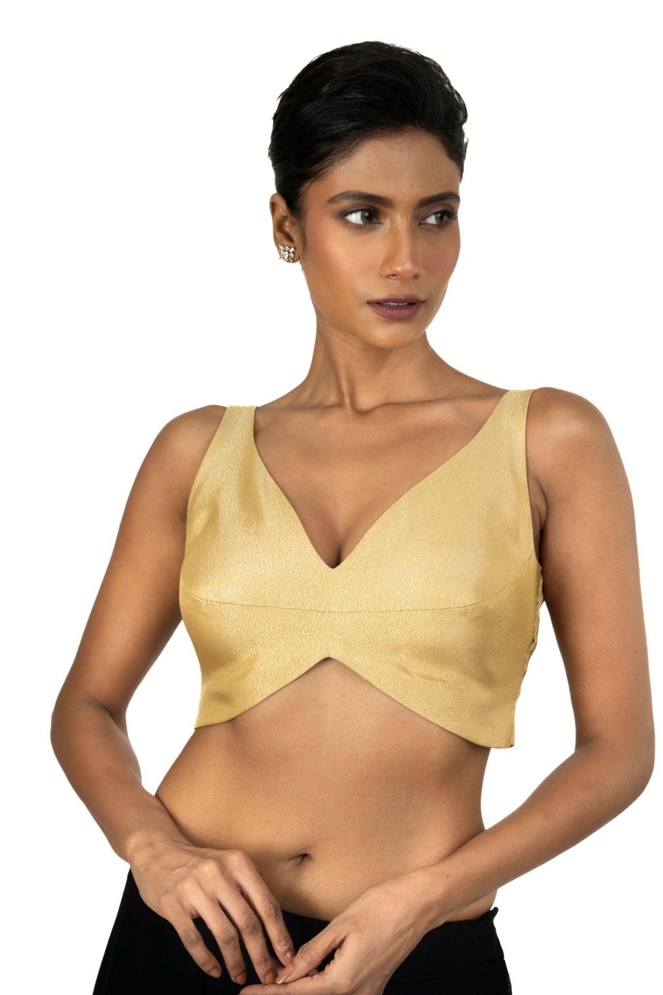 Golden Sleeveless Blouse with Sweet Heart Neck Line - Anvi Couture