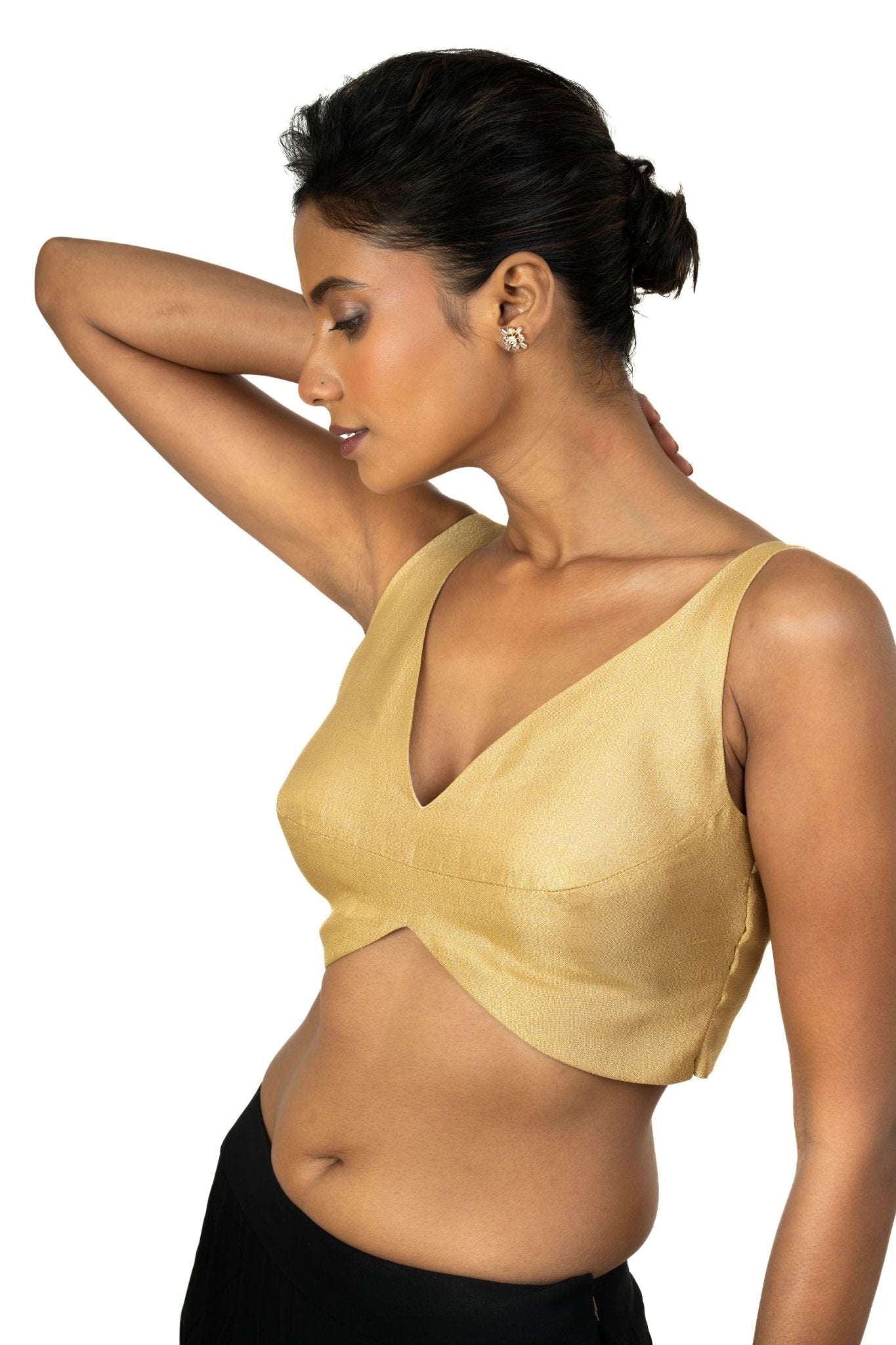 Golden Sleeveless Blouse with Sweet Heart Neck Line - Anvi Couture