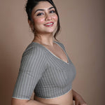 Grey Cotton Blouse with Half Sleeves and Back Circle Cutout - Anvi Couture