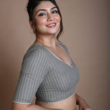 Grey Cotton Blouse with Half Sleeves and Back Circle Cutout - Anvi Couture